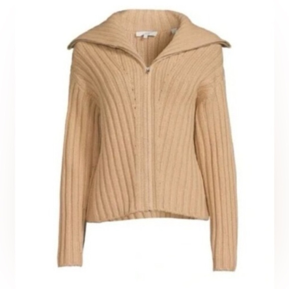 Vince Rib Transfer Wool Cashmere Zip Up Fisherman Sweater Chamois Beige L